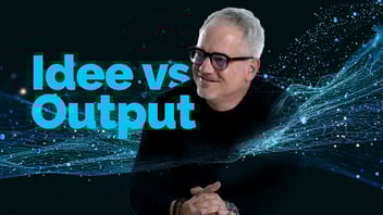 Unser Autor Chris vor illustriertem Hintergrund mit der Aufschrift Idee vs Output